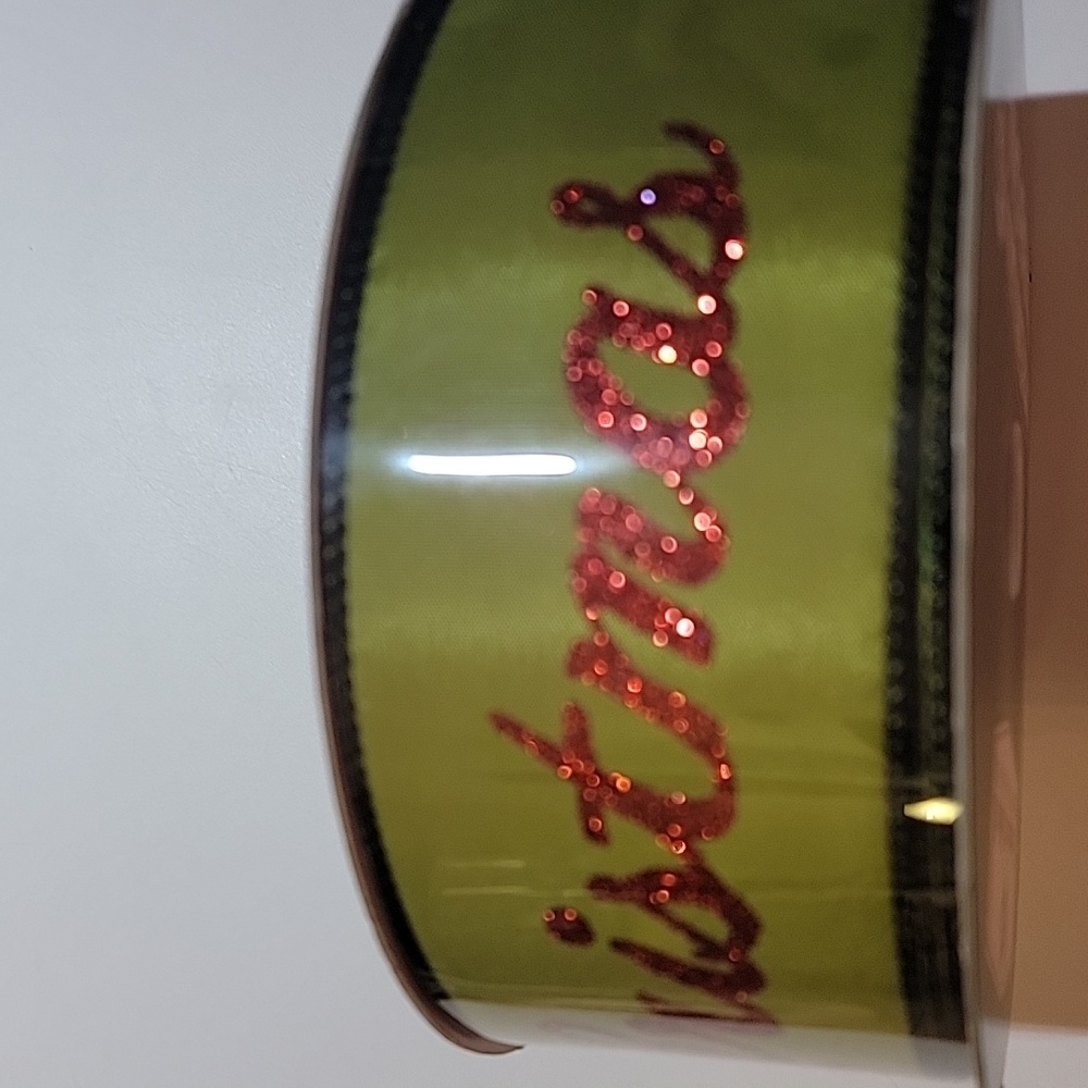 Green Ribbon with Red Glitter 'Merry Christmas' In Beautiful Script Lettering - Picture 3 of 3